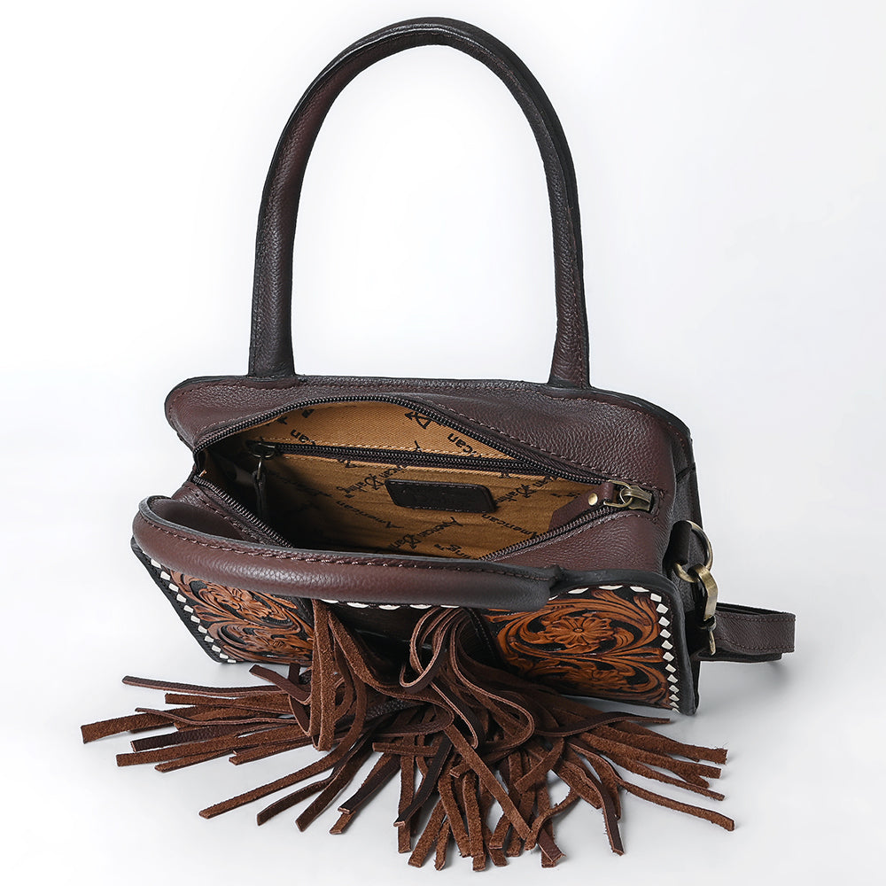 ADBGA621 Square Western Tote with Floral Tooled Leather, Cowhide Inlay & Fringe Detail