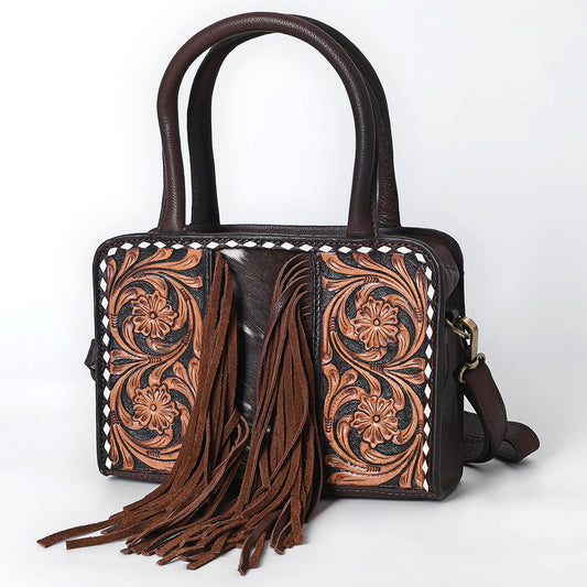 ADBGA621 Square Western Tote with Floral Tooled Leather, Cowhide Inlay & Fringe Detail