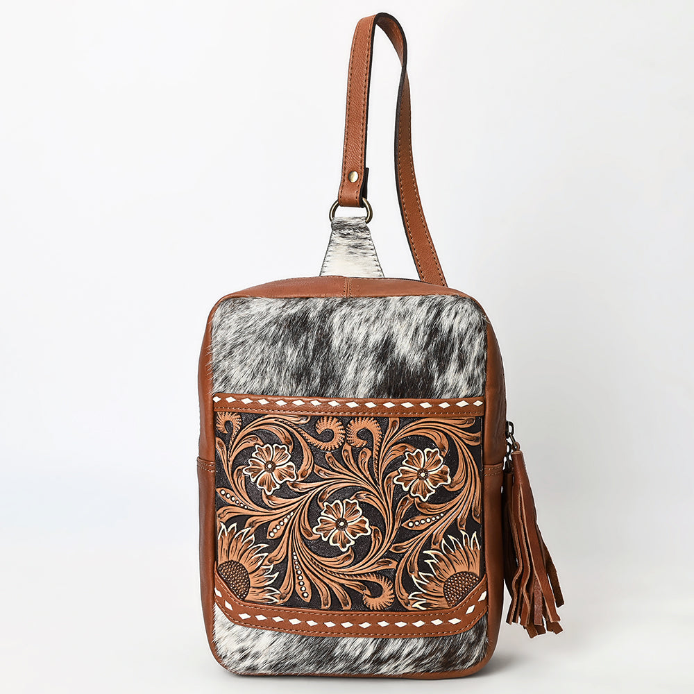 ADBGA624 Cowhide Crossbody Backpack with Sunflower Tooled Leather & Fringe Tassel