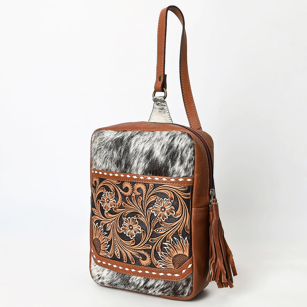 ADBGA624 Cowhide Crossbody Backpack with Sunflower Tooled Leather & Fringe Tassel