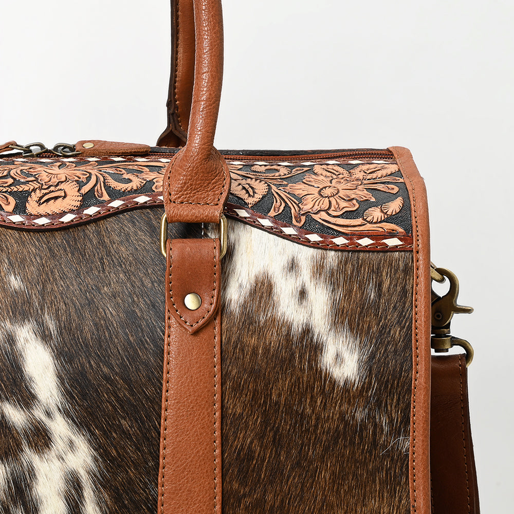 ADBGA625 Cowhide Duffel Satchel with Tooled Leather Floral Yoke & Shoulder Strap