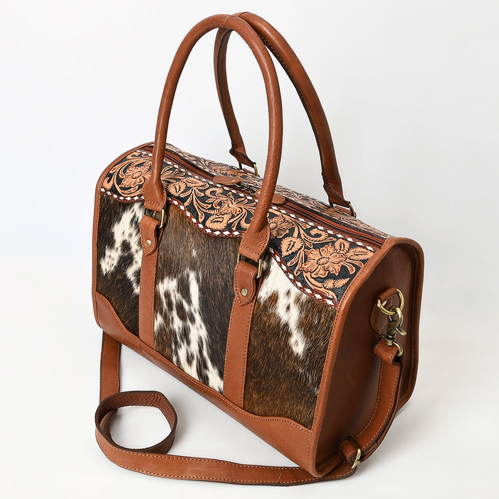 ADBGA625 Cowhide Duffel Satchel with Tooled Leather Floral Yoke & Shoulder Strap