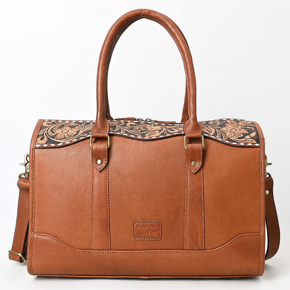 ADBGA625 Cowhide Duffel Satchel with Tooled Leather Floral Yoke & Shoulder Strap