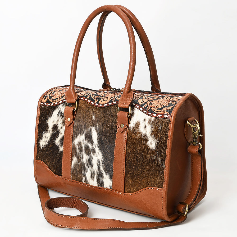 ADBGA625 Cowhide Duffel Satchel with Tooled Leather Floral Yoke & Shoulder Strap