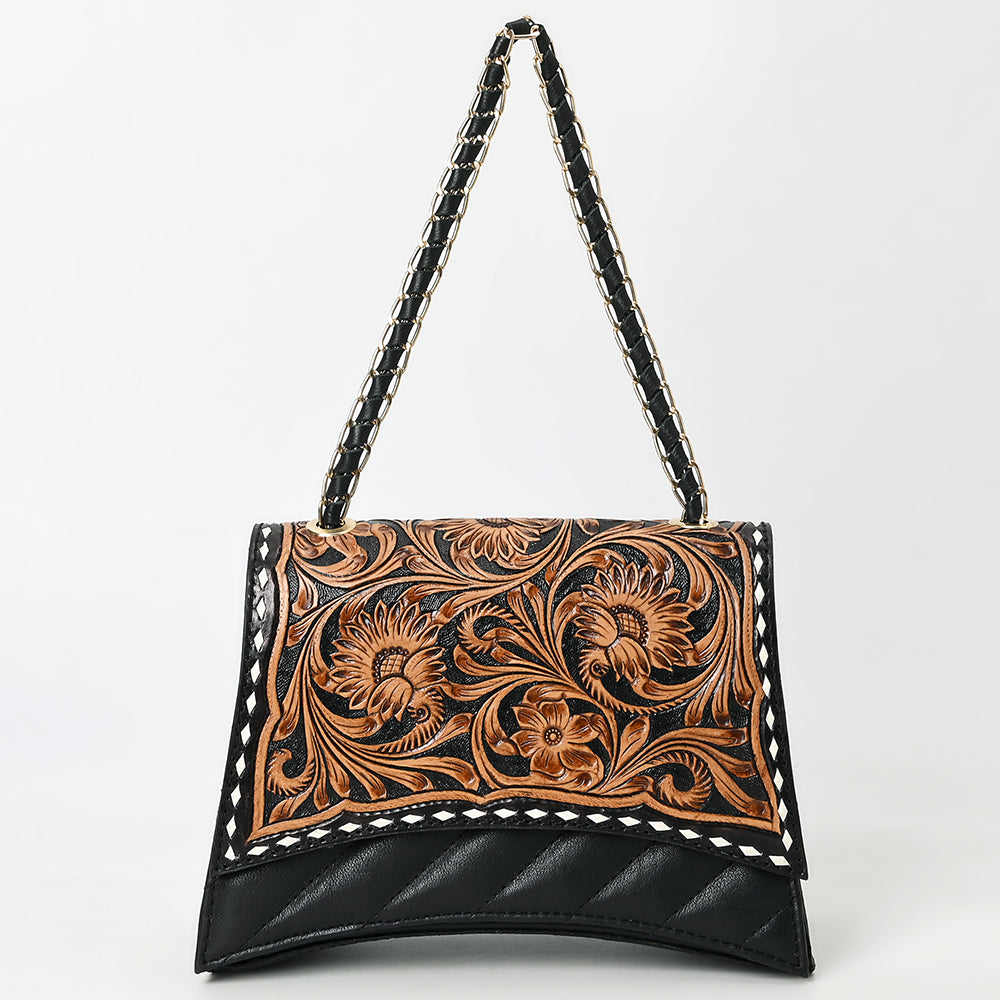 ADBGA536A American Darling Quilted Black Leather Crossbody Bag with Hand Tooled Floral Flap