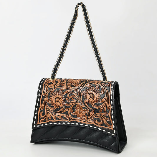 ADBGA536A American Darling Quilted Black Leather Crossbody Bag with Hand Tooled Floral Flap