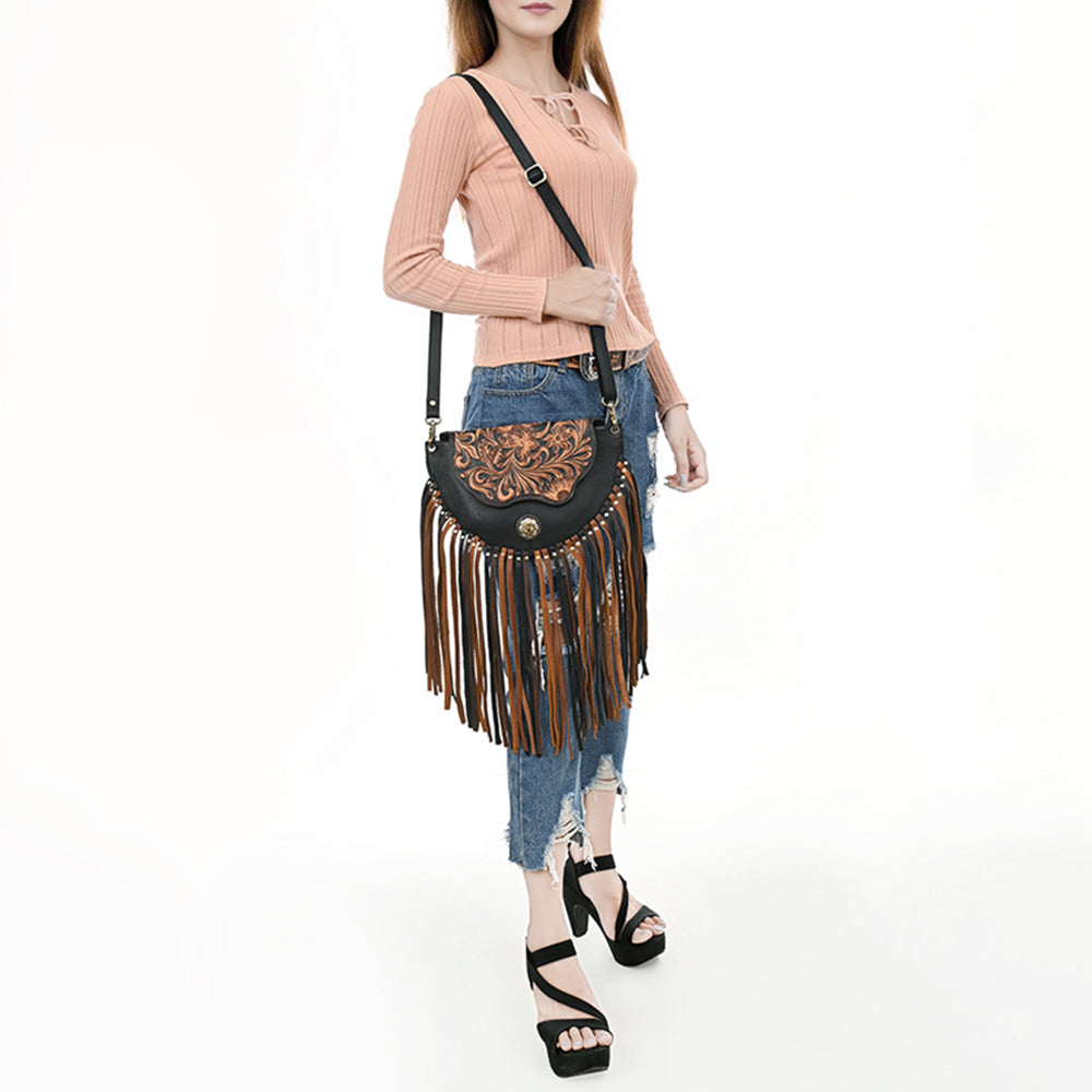 ADBGA540 American Darling Hand Tooled Leather Crossbody Bag with Multi-Tone Fringe & Western Floral Design