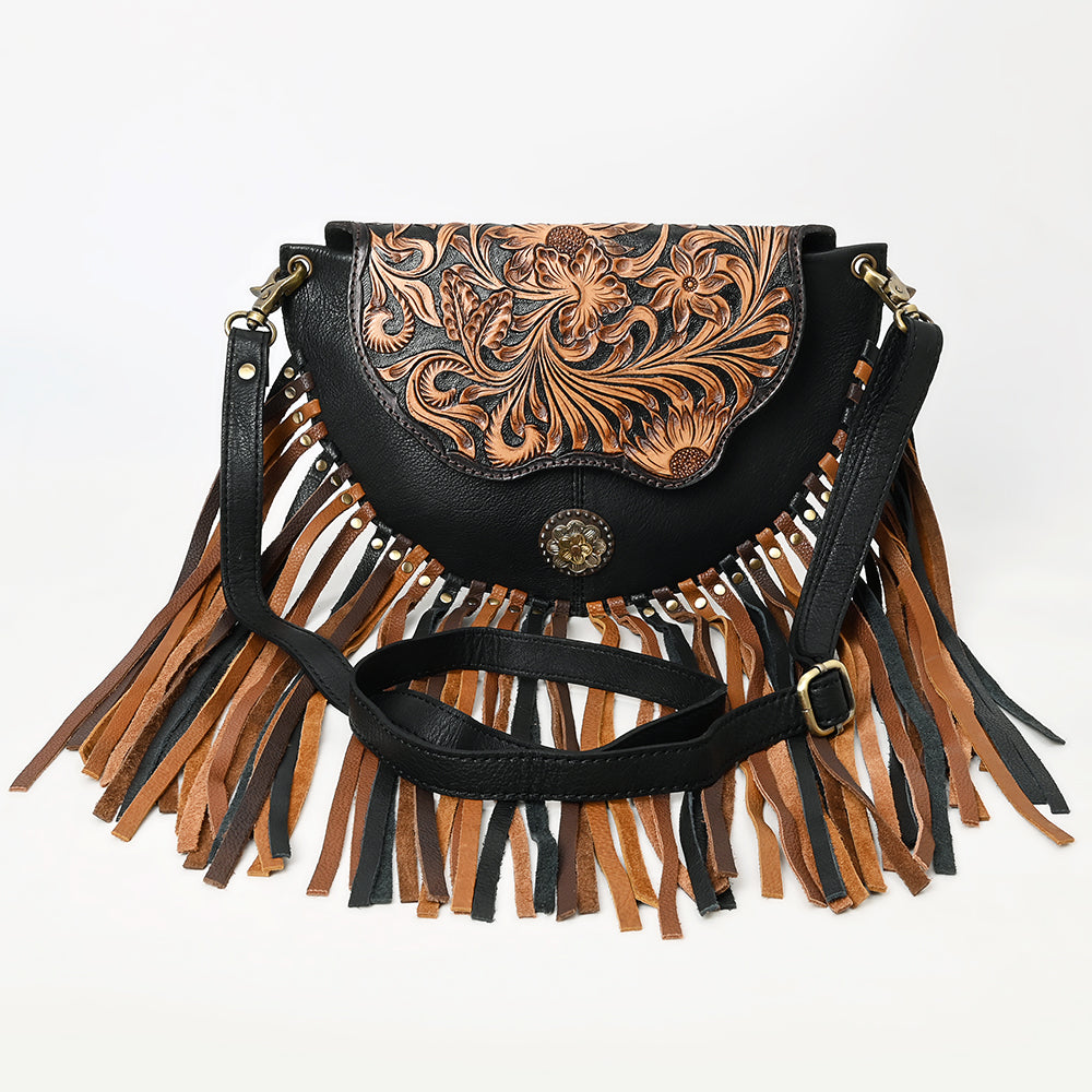 ADBGA540 American Darling Hand Tooled Leather Crossbody Bag with Multi-Tone Fringe & Western Floral Design