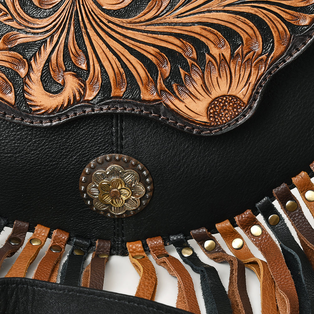 ADBGA540 American Darling Hand Tooled Leather Crossbody Bag with Multi-Tone Fringe & Western Floral Design