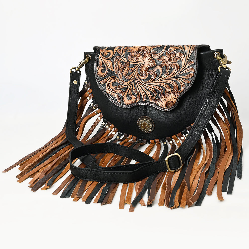 ADBGA540 American Darling Hand Tooled Leather Crossbody Bag with Multi-Tone Fringe & Western Floral Design