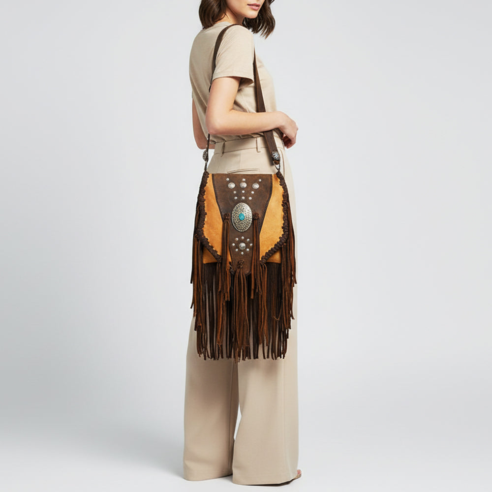 ADBGM468 Western Leather Fringe Messenger Bag - Concho & Turquoise Medallion Design