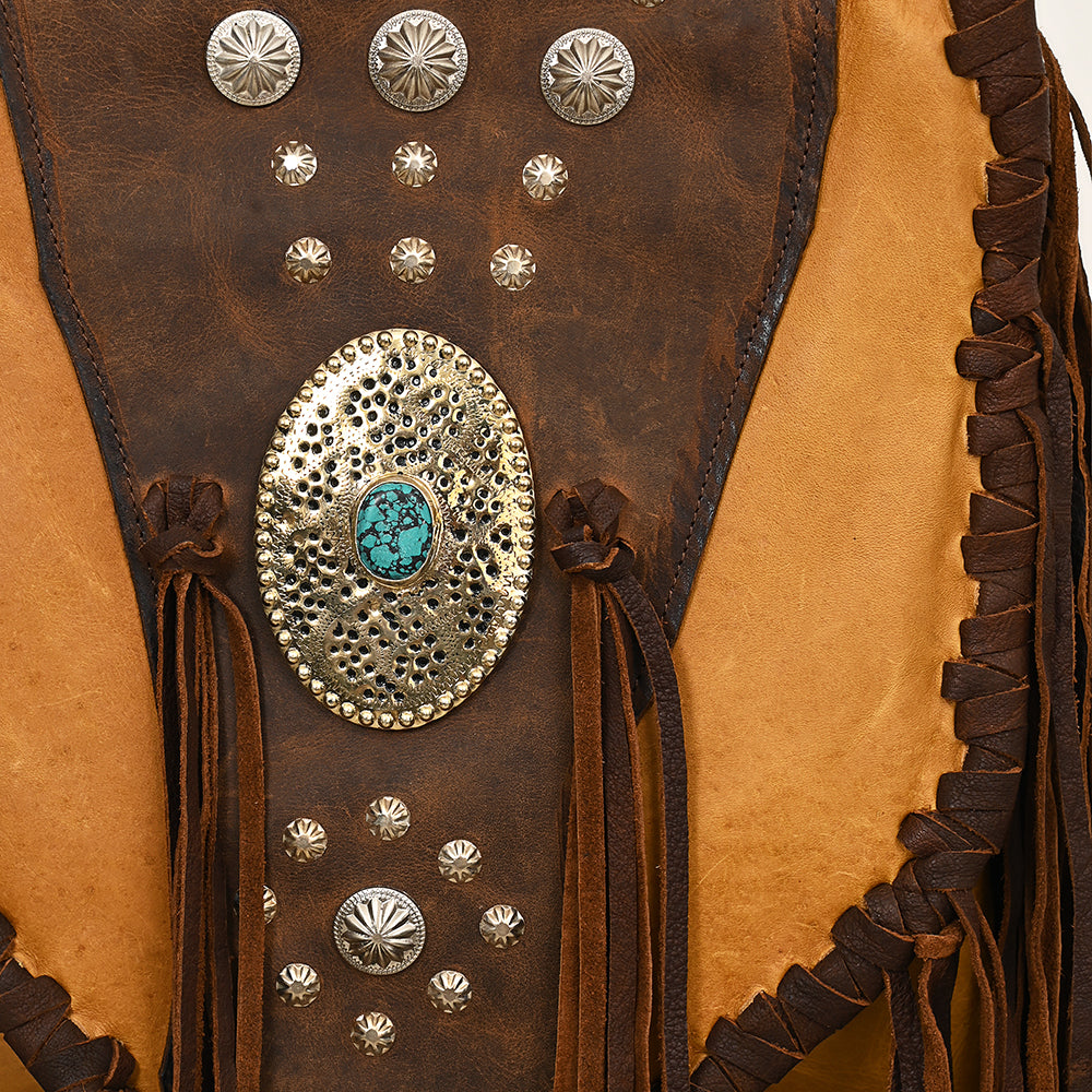 ADBGM468 Western Leather Fringe Messenger Bag - Concho & Turquoise Medallion Design