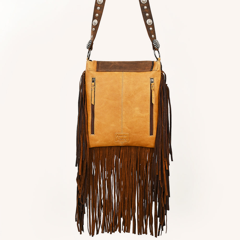 ADBGM468 Western Leather Fringe Messenger Bag - Concho & Turquoise Medallion Design