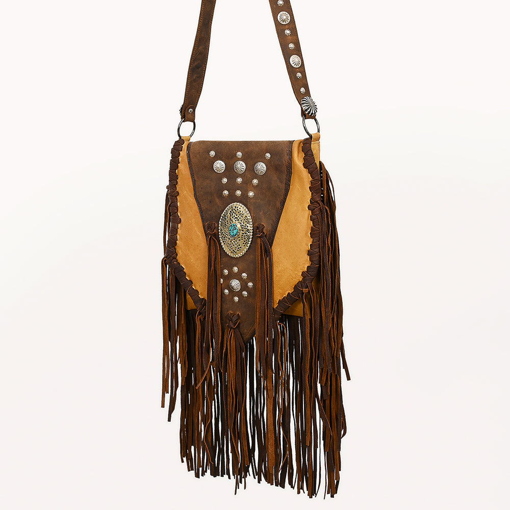 ADBGM468 Western Leather Fringe Messenger Bag - Concho & Turquoise Medallion Design