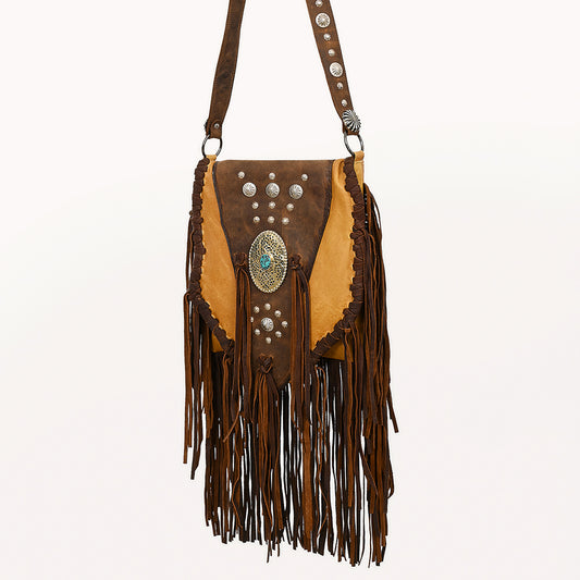 ADBGM468 Western Leather Fringe Messenger Bag - Concho & Turquoise Medallion Design