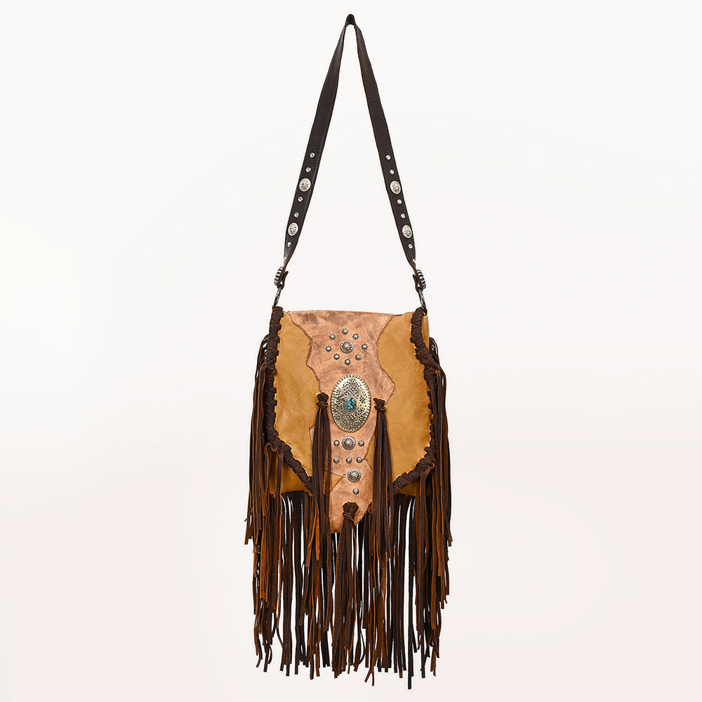 ADBGM469 Western Fringe Leather Messenger Bag - Scalloped Flap with Conchos & Turquoise Center