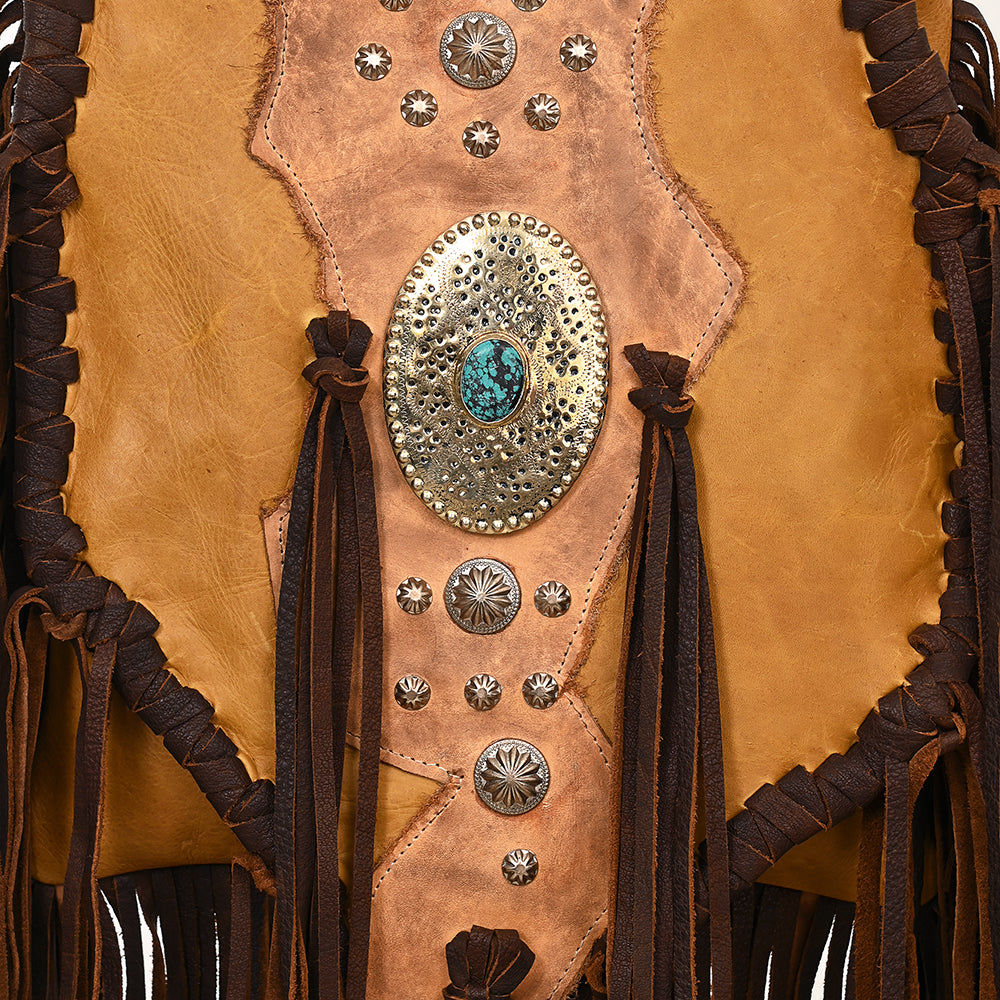 ADBGM469 Western Fringe Leather Messenger Bag - Scalloped Flap with Conchos & Turquoise Center