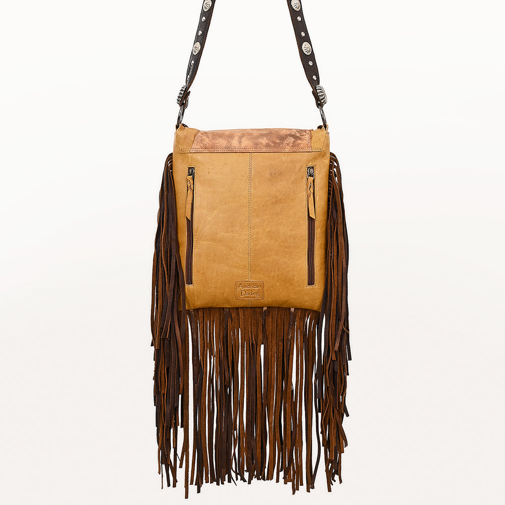 ADBGM469 Western Fringe Leather Messenger Bag - Scalloped Flap with Conchos & Turquoise Center