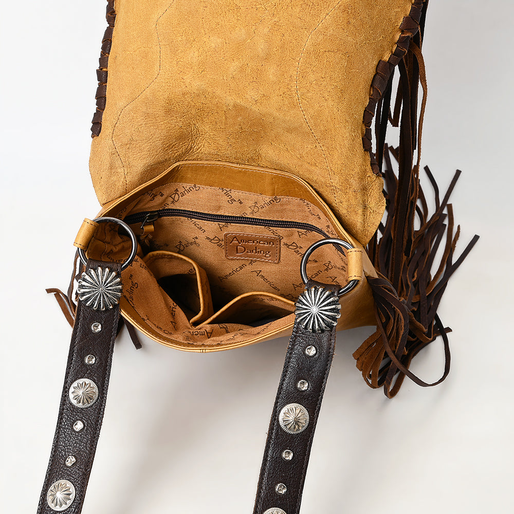 ADBGM469 Western Fringe Leather Messenger Bag - Scalloped Flap with Conchos & Turquoise Center