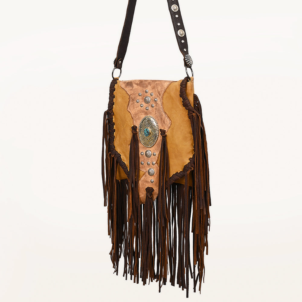ADBGM469 Western Fringe Leather Messenger Bag - Scalloped Flap with Conchos & Turquoise Center