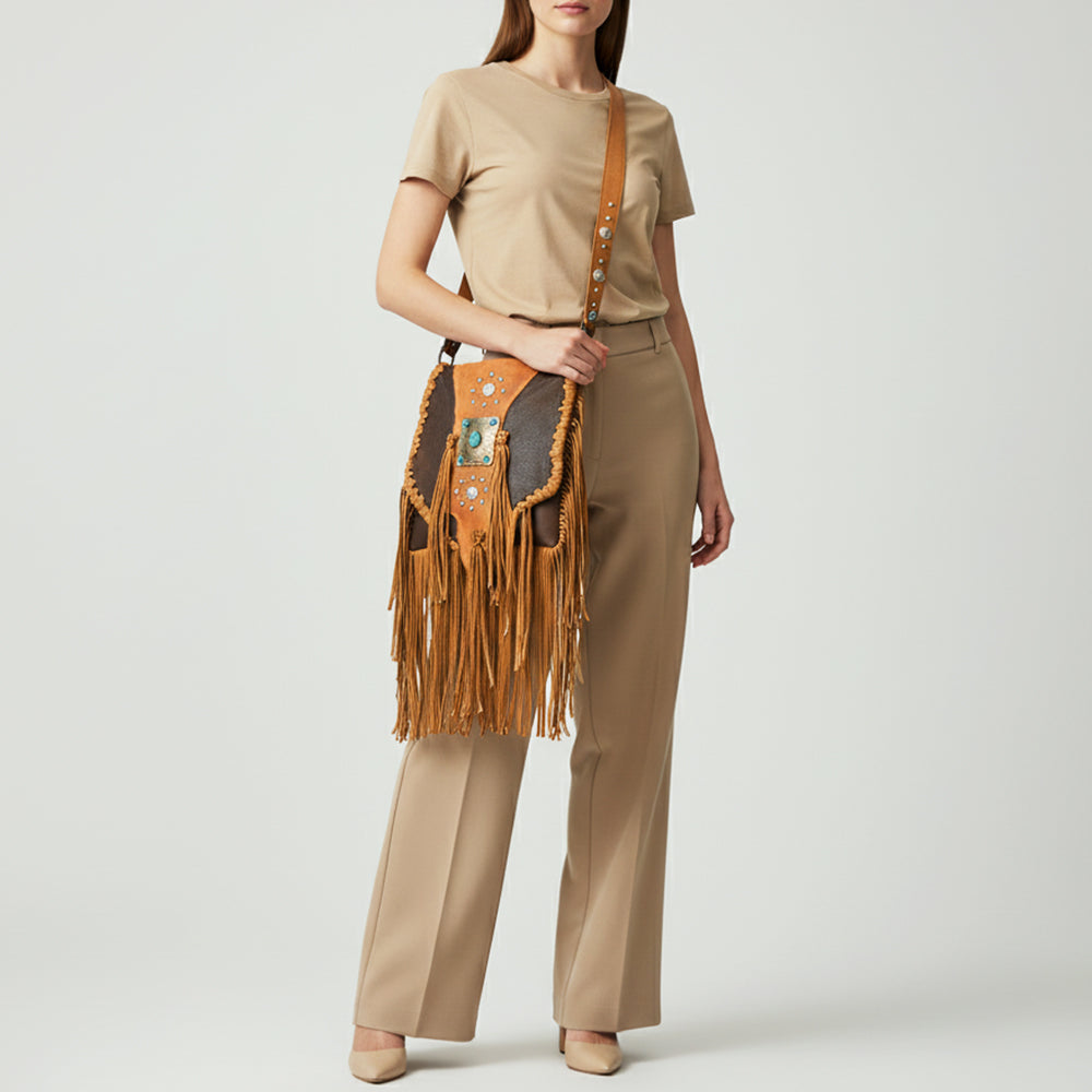 ADBGM470 Western Fringe Leather Messenger Bag - Scalloped Flap with Conchos & Turquoise Center