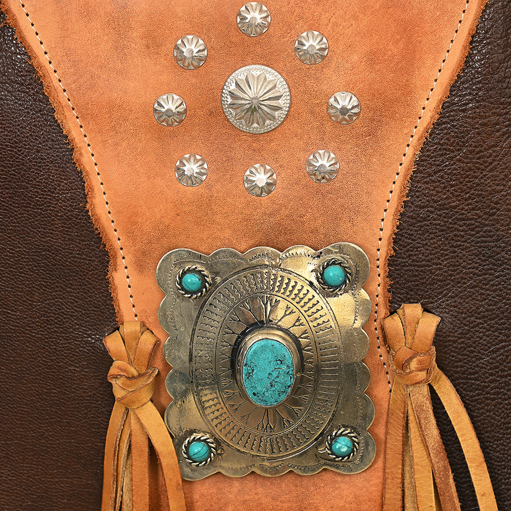 ADBGM470 Western Fringe Leather Messenger Bag - Scalloped Flap with Conchos & Turquoise Center