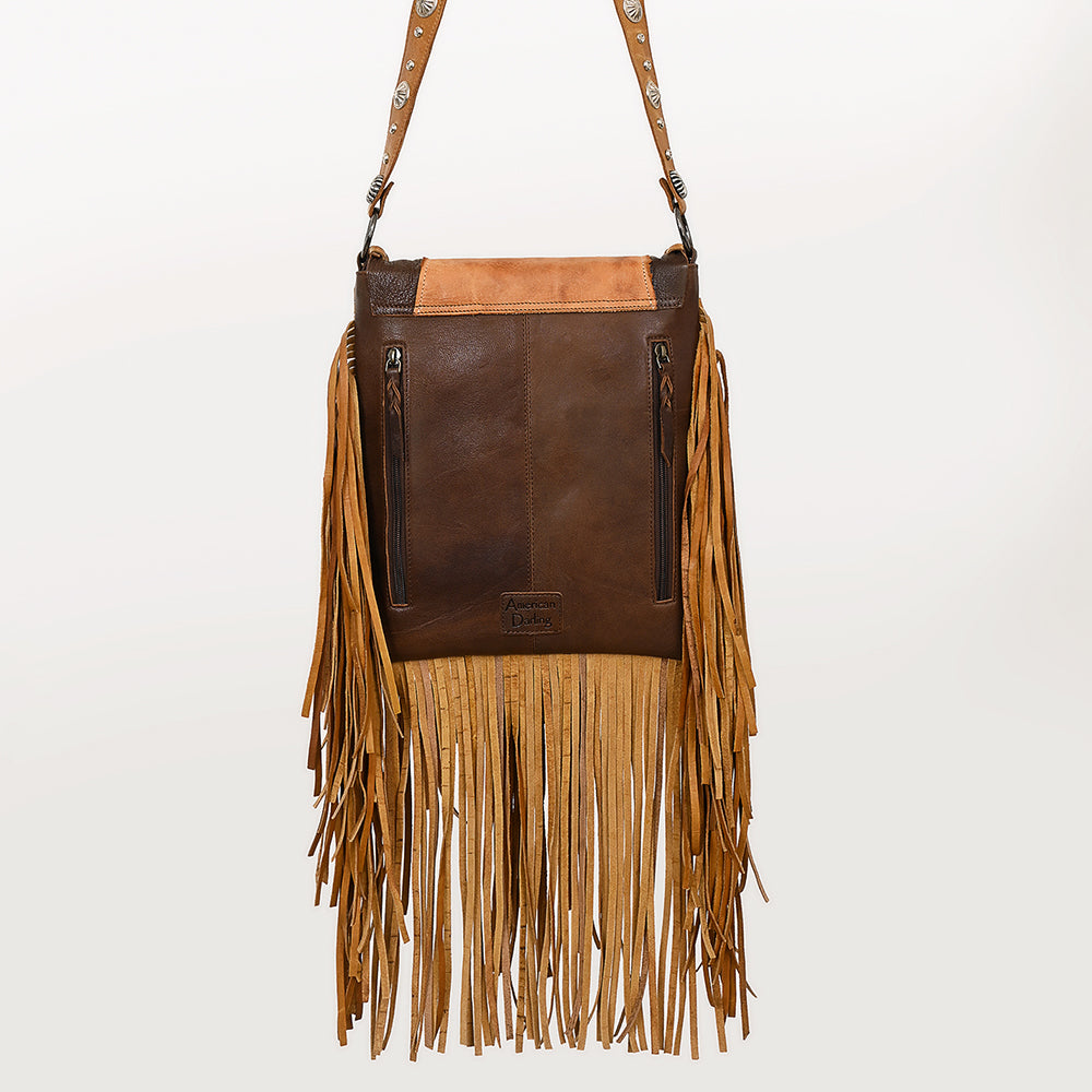 ADBGM470 Western Fringe Leather Messenger Bag - Scalloped Flap with Conchos & Turquoise Center
