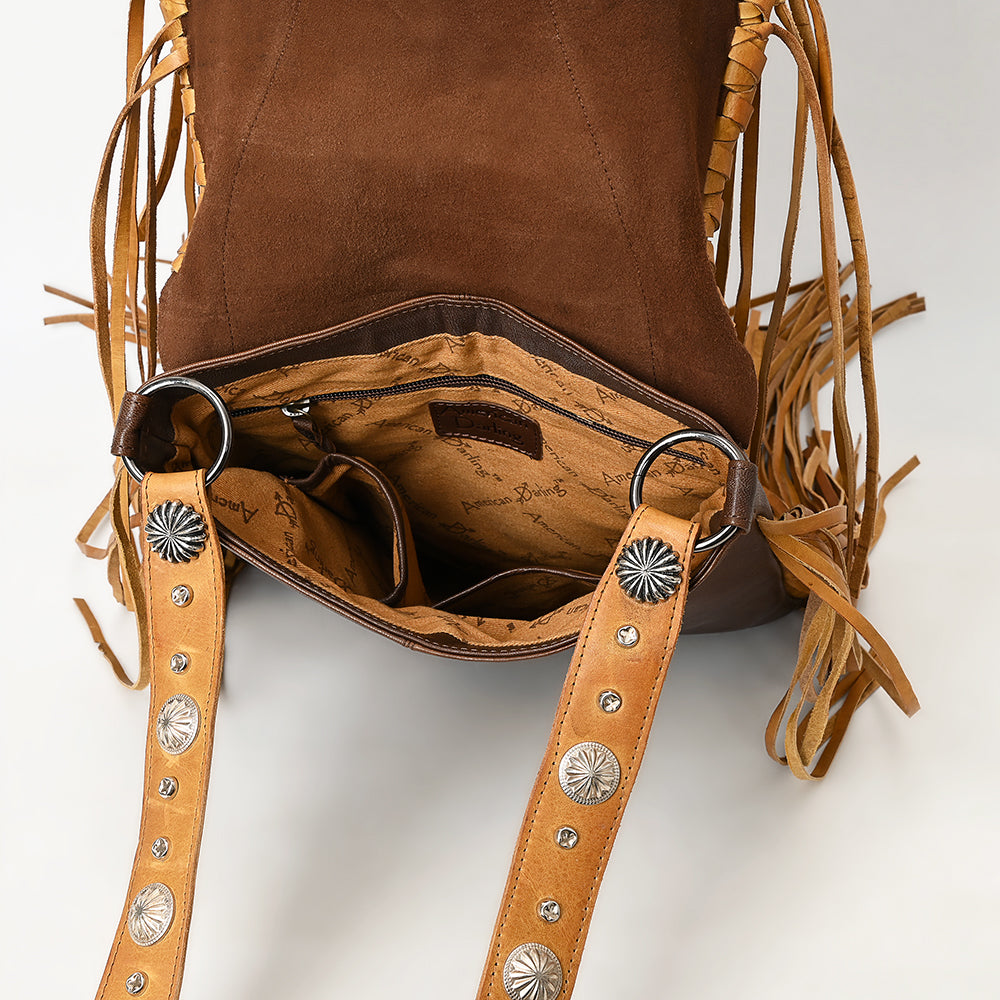 ADBGM470 Western Fringe Leather Messenger Bag - Scalloped Flap with Conchos & Turquoise Center