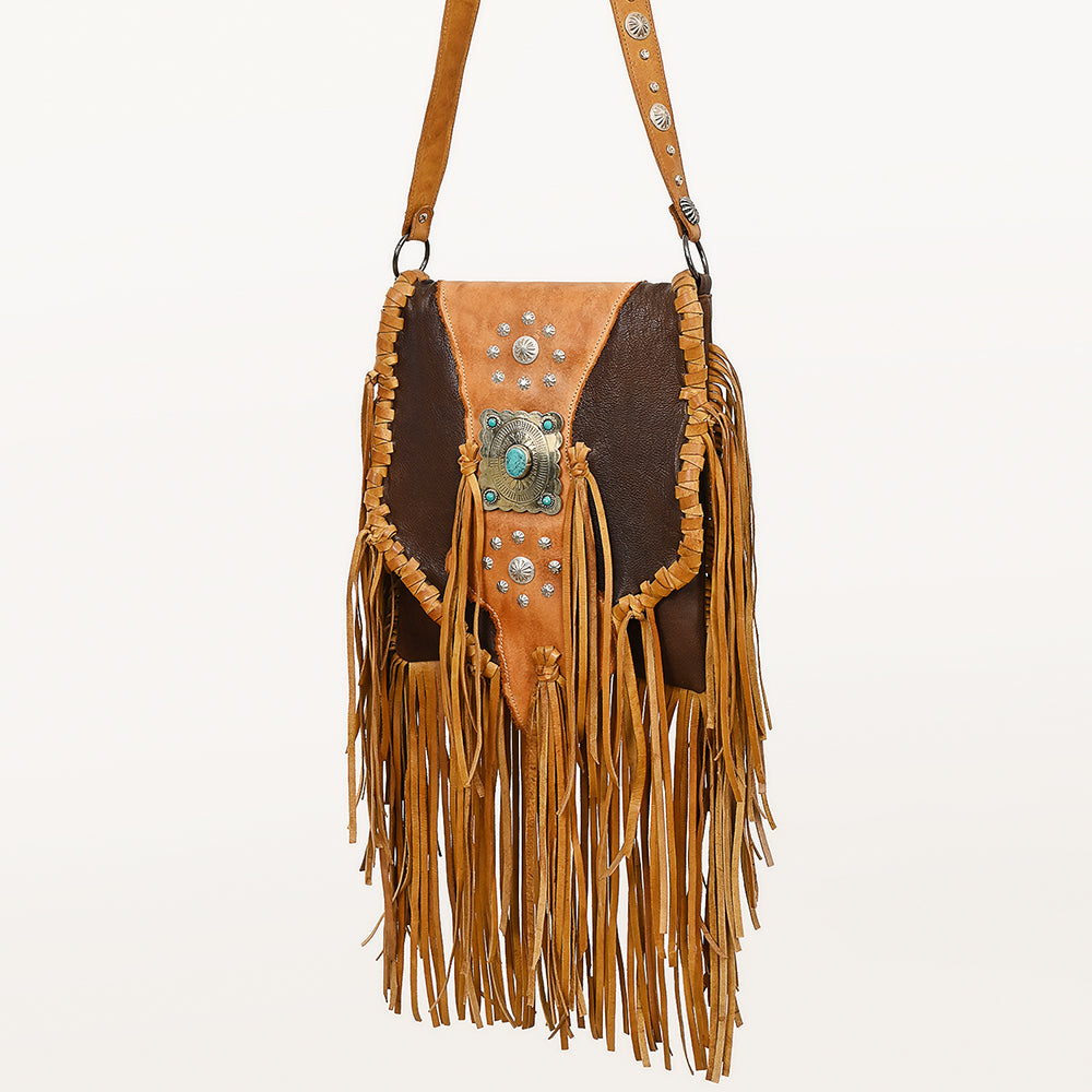 ADBGM470 Western Fringe Leather Messenger Bag - Scalloped Flap with Conchos & Turquoise Center