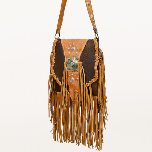 ADBGM470 Western Fringe Leather Messenger Bag - Scalloped Flap with Conchos & Turquoise Center