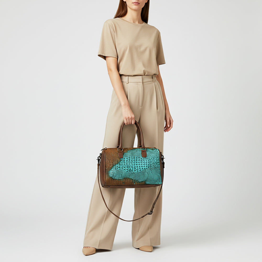 ADBG1562 American Darling Western Leather Crocodile Embossed Speedy Bag - Premium Genuine Leather Travel Duffel Bag