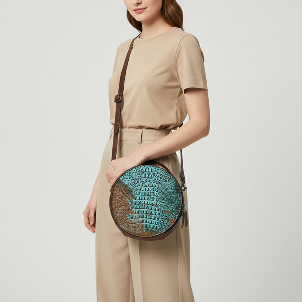ADBG1563 American Darling Western Genuine Leather Canteen Bag - Crocodile Embossed Round Crossbody