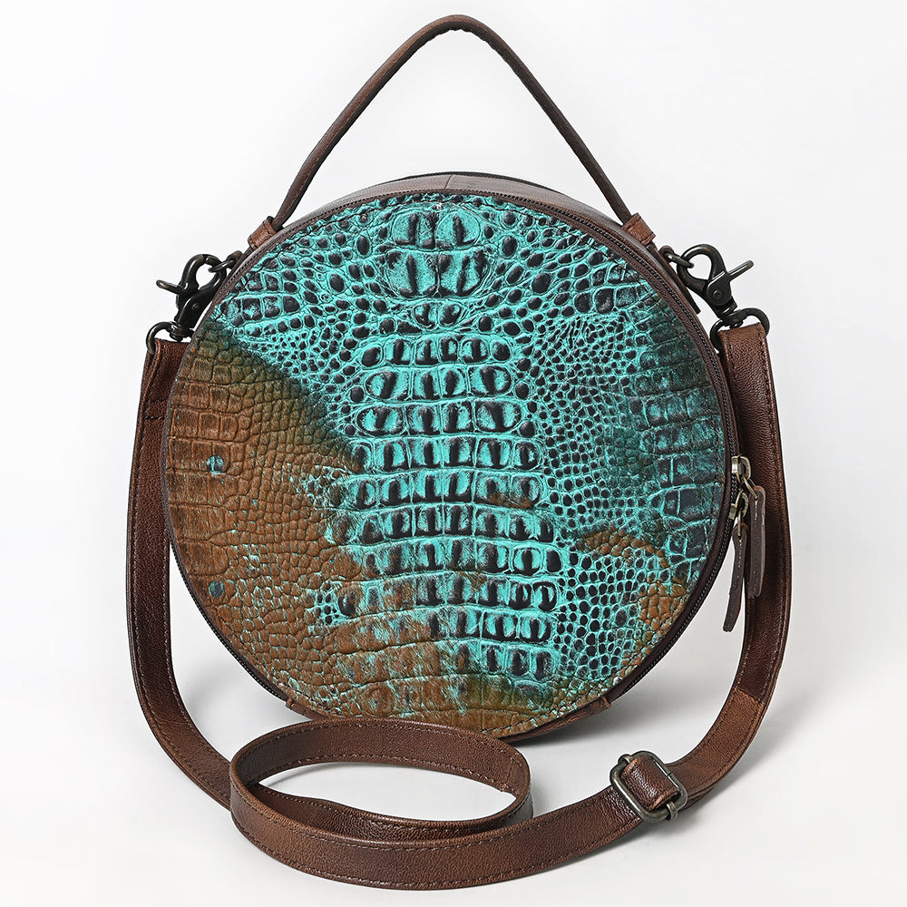 ADBG1563 American Darling Western Genuine Leather Canteen Bag - Crocodile Embossed Round Crossbody