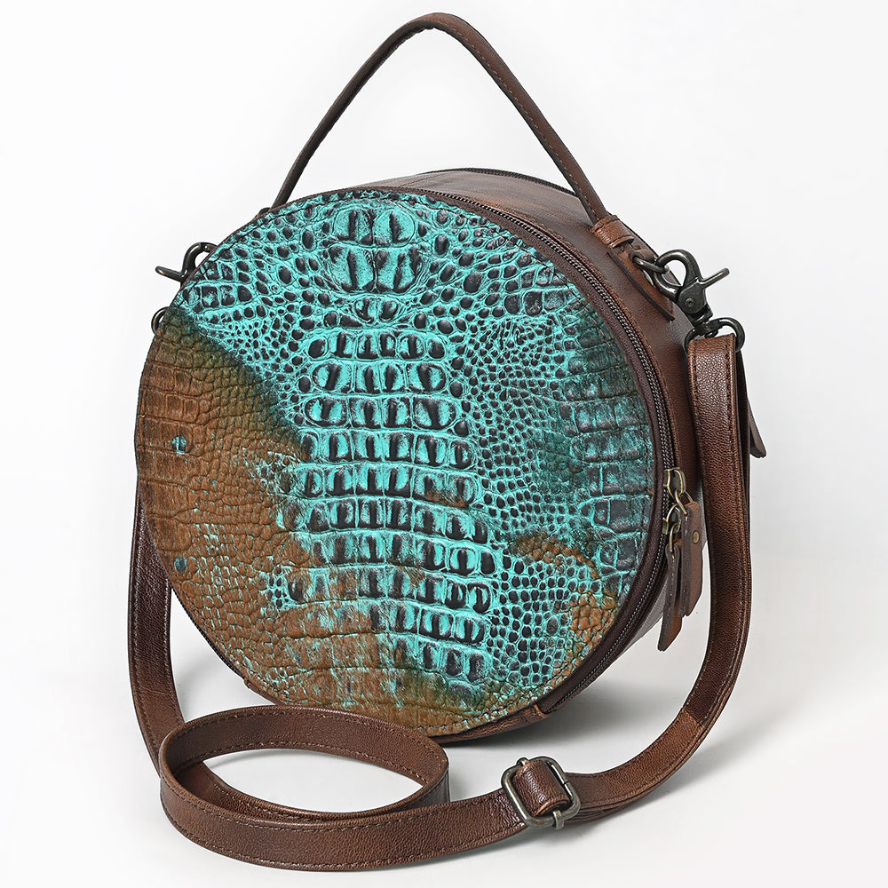 ADBG1563 American Darling Western Genuine Leather Canteen Bag - Crocodile Embossed Round Crossbody