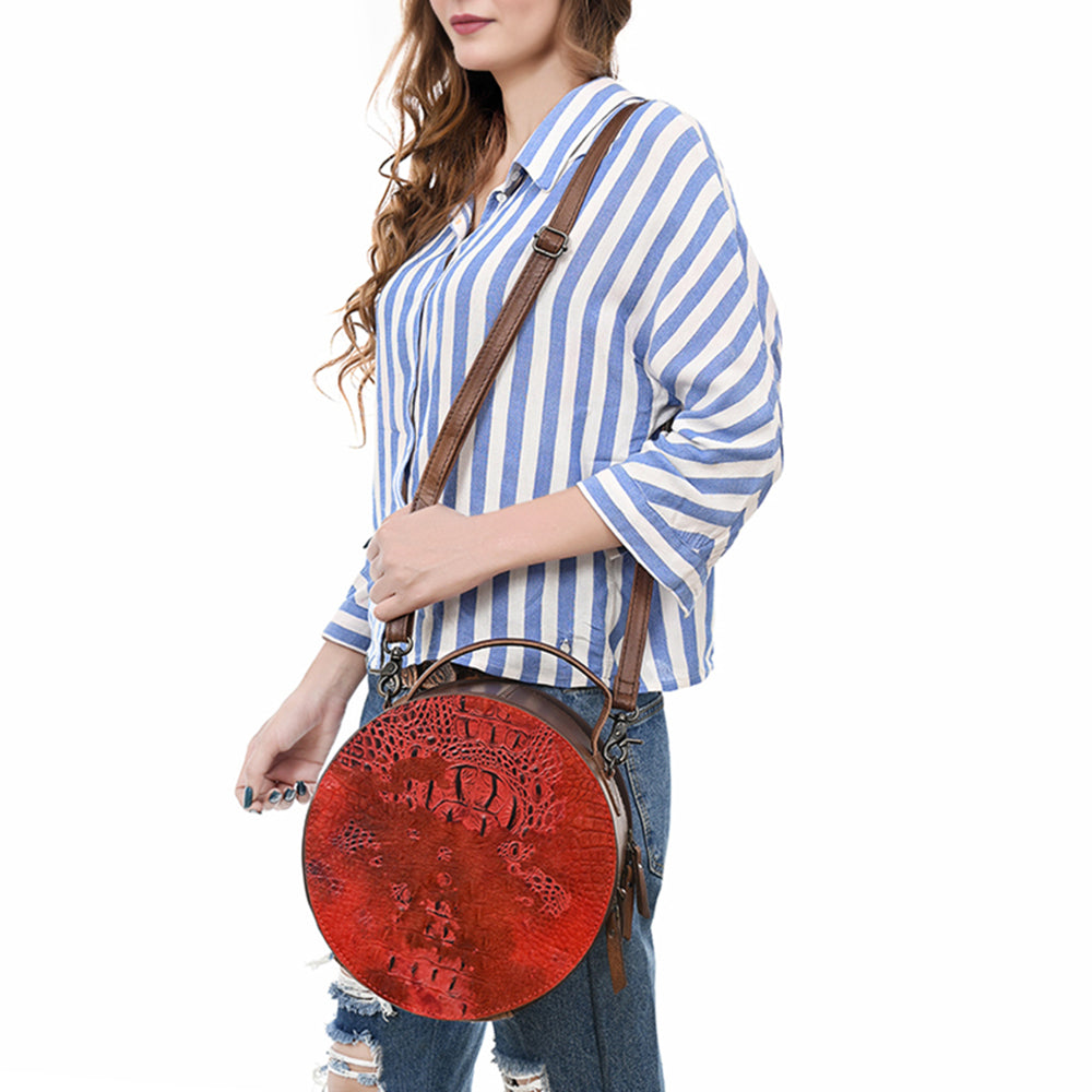 ADBG1563 American Darling Western Genuine Leather Canteen Bag - Crocodile Embossed Round Crossbody