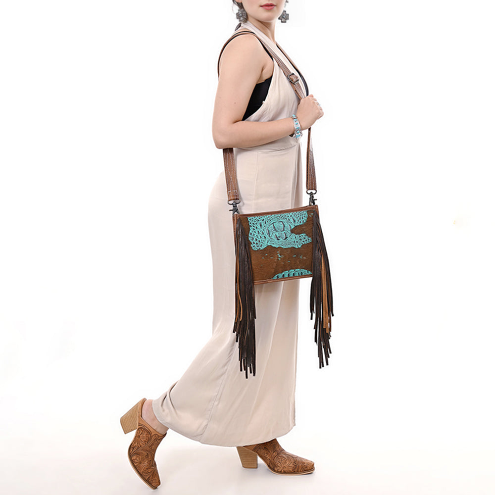 ADBG1565 American Darling Western Leather Crossbody Bag with Fringe & Croc Embossed Detailing