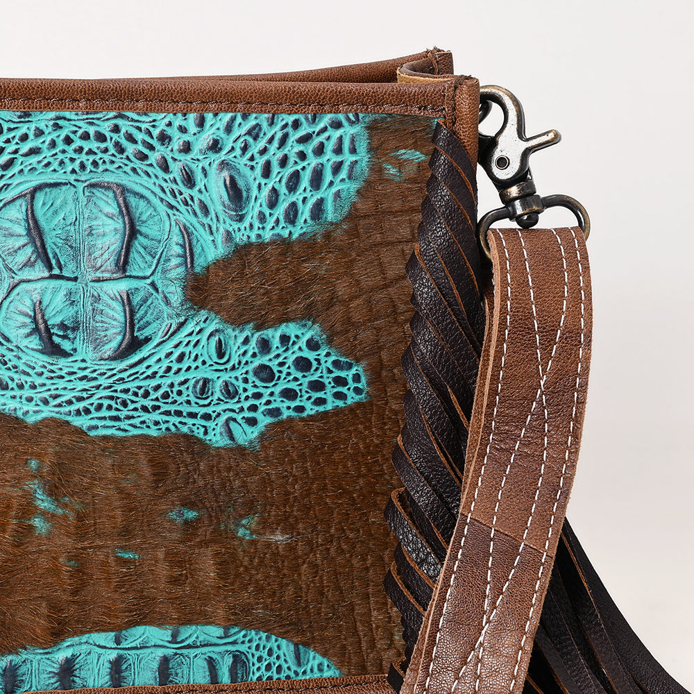 ADBG1565 American Darling Western Leather Crossbody Bag with Fringe & Croc Embossed Detailing