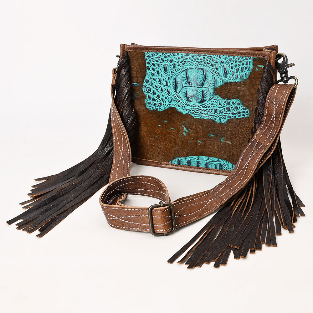 ADBG1565 American Darling Western Leather Crossbody Bag with Fringe & Croc Embossed Detailing