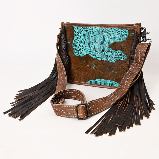 ADBG1565 American Darling Western Leather Crossbody Bag with Fringe & Croc Embossed Detailing