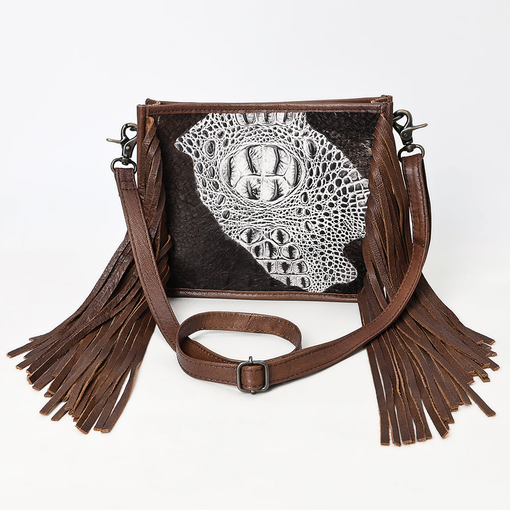 ADBG1565 American Darling Western Leather Crossbody Bag with Fringe & Croc Embossed Detailing