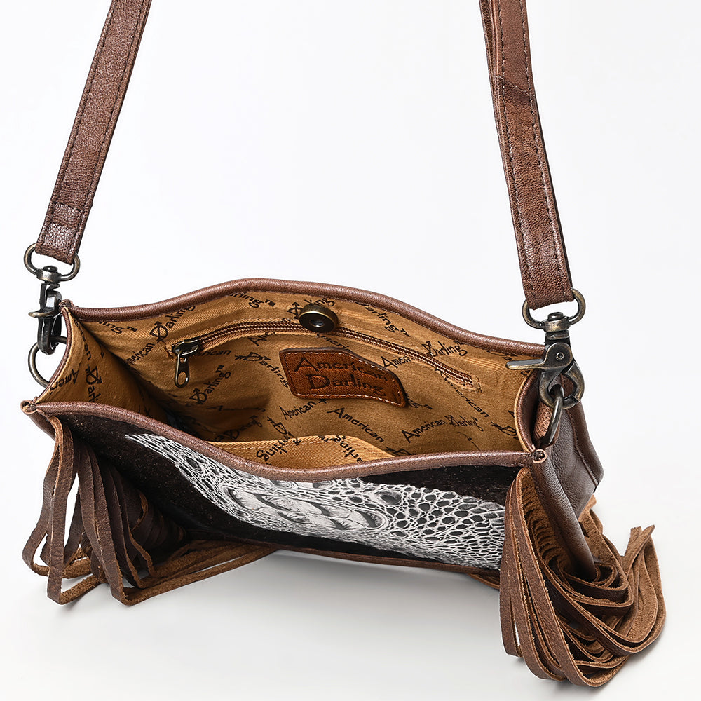 ADBG1565 American Darling Western Leather Crossbody Bag with Fringe & Croc Embossed Detailing