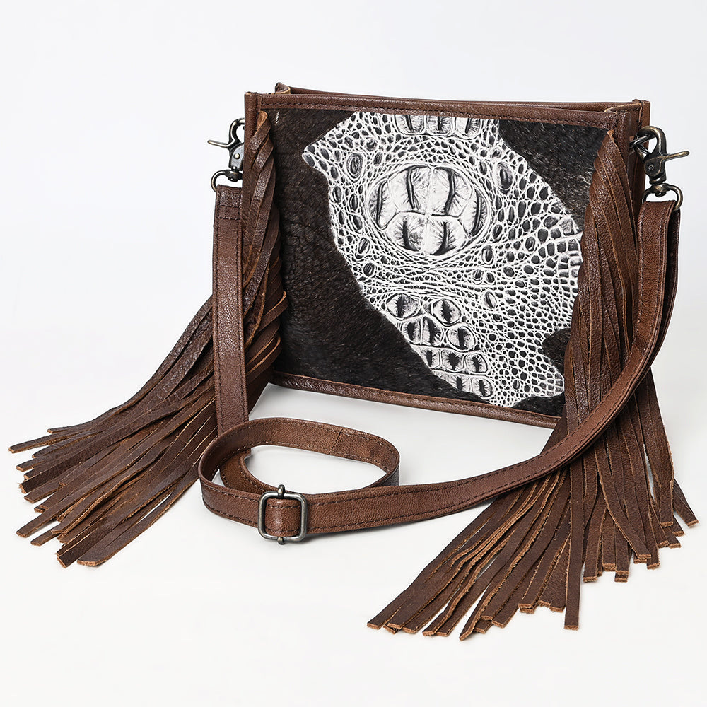 ADBG1565 American Darling Western Leather Crossbody Bag with Fringe & Croc Embossed Detailing