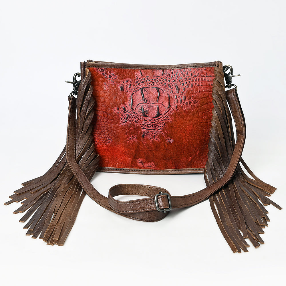 ADBG1565 American Darling Western Leather Crossbody Bag with Fringe & Croc Embossed Detailing