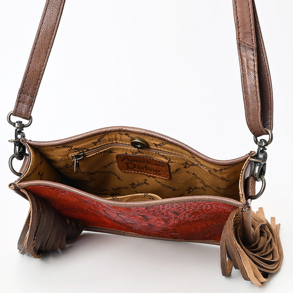ADBG1565 American Darling Western Leather Crossbody Bag with Fringe & Croc Embossed Detailing