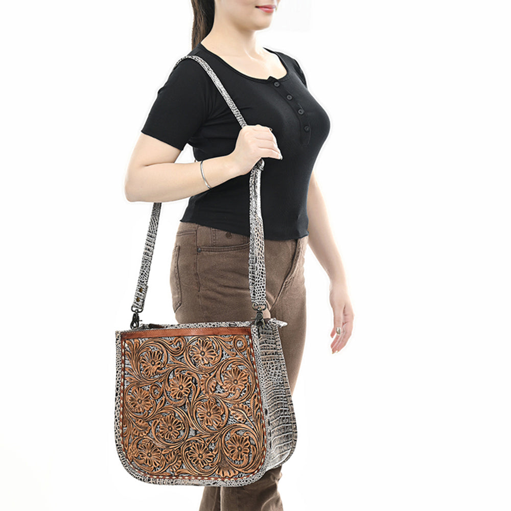 ADBG1566 American Darling Western Leather Crossbody Bag with Hand Tooled Floral Carving