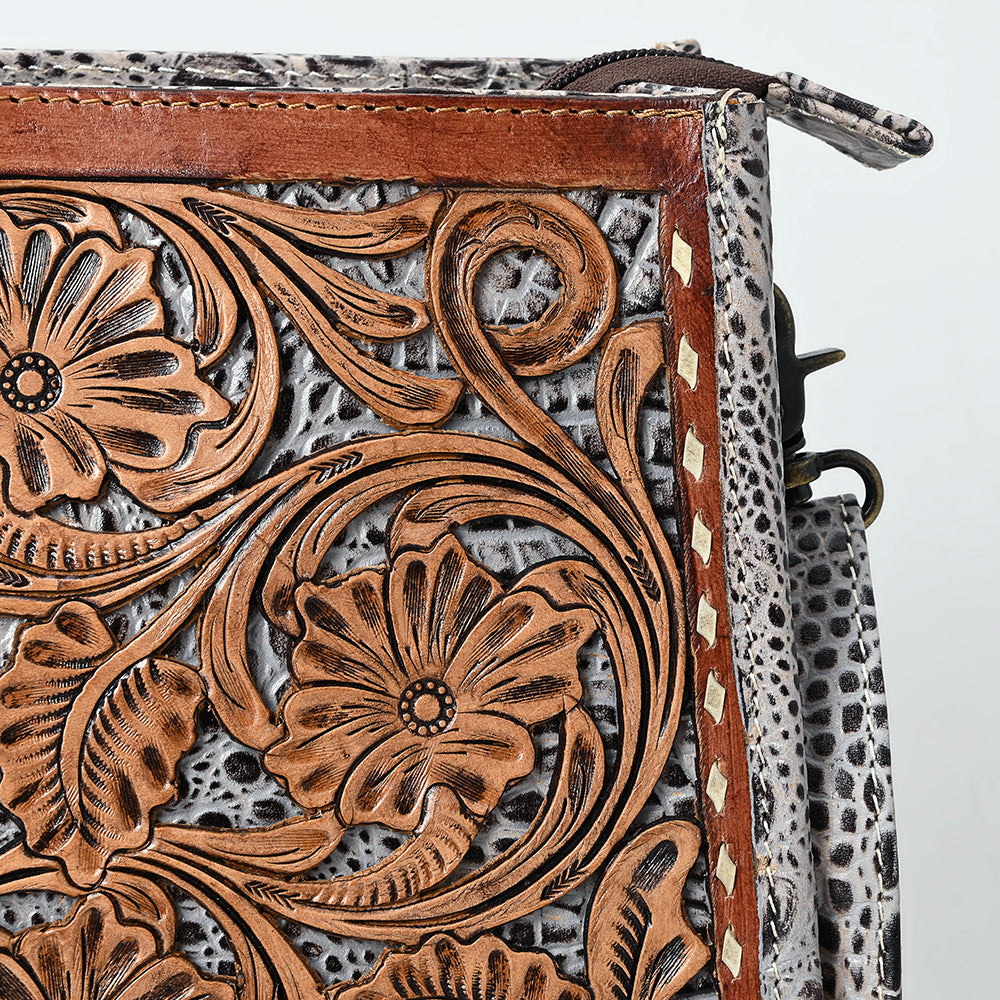 ADBG1566 American Darling Western Leather Crossbody Bag with Hand Tooled Floral Carving