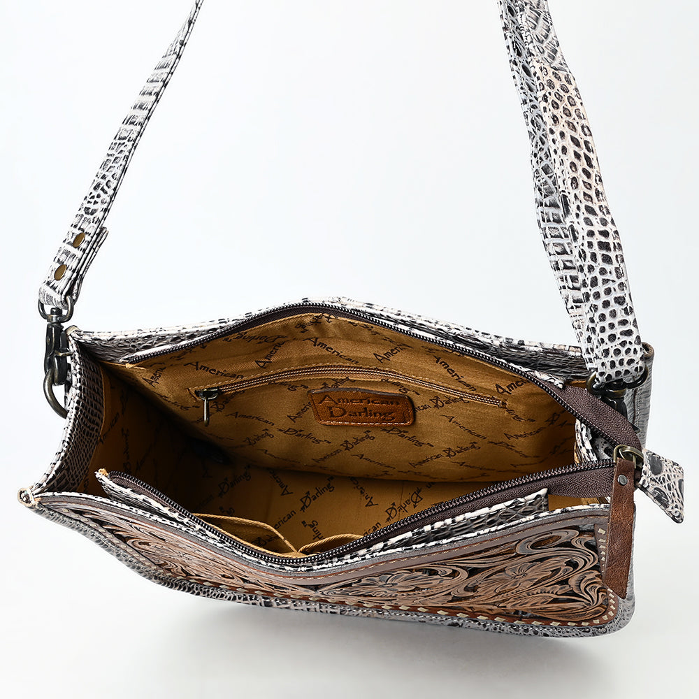 ADBG1566 American Darling Western Leather Crossbody Bag with Hand Tooled Floral Carving