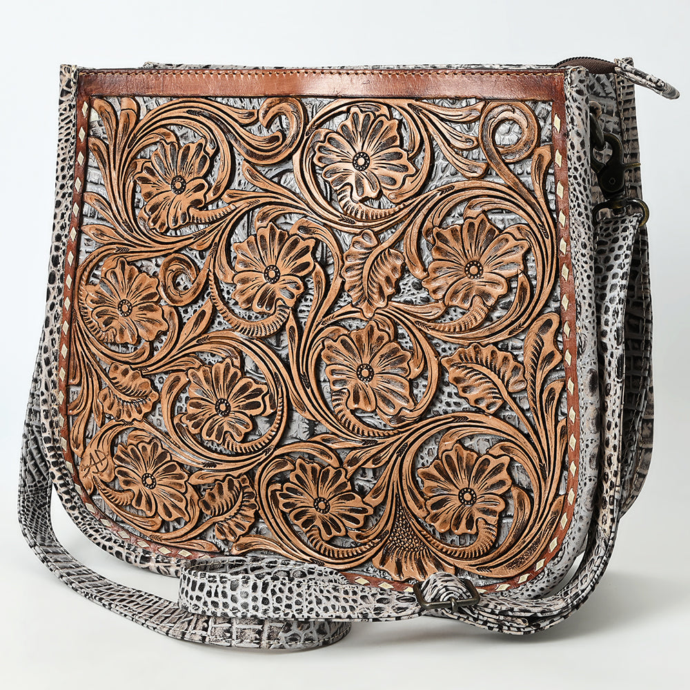 ADBG1566 American Darling Western Leather Crossbody Bag with Hand Tooled Floral Carving