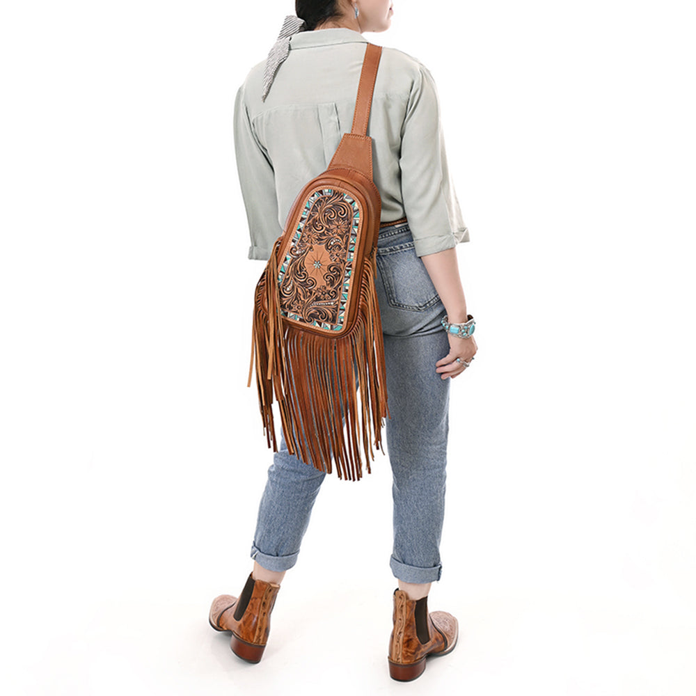 ADBG1568 American Darling Western Leather Sling Bag with Hand Tooled Floral Detailing & Fringe