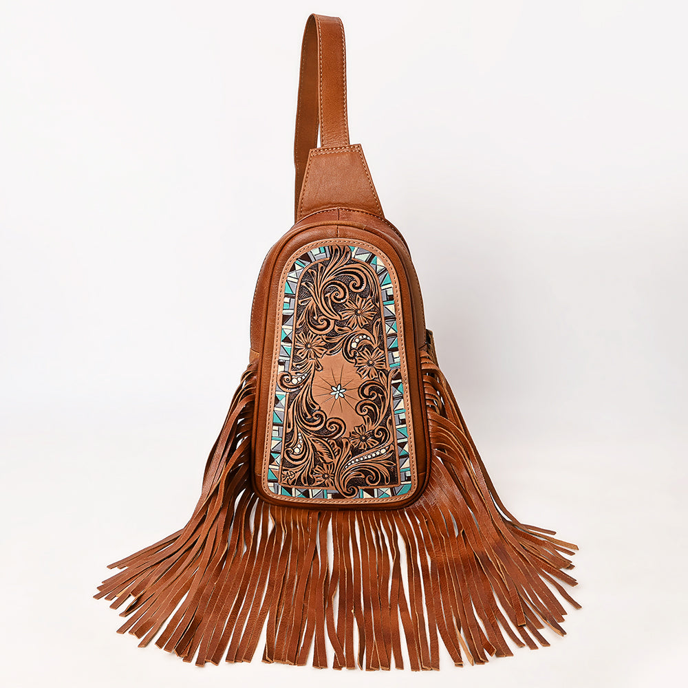 ADBG1568 American Darling Western Leather Sling Bag with Hand Tooled Floral Detailing & Fringe